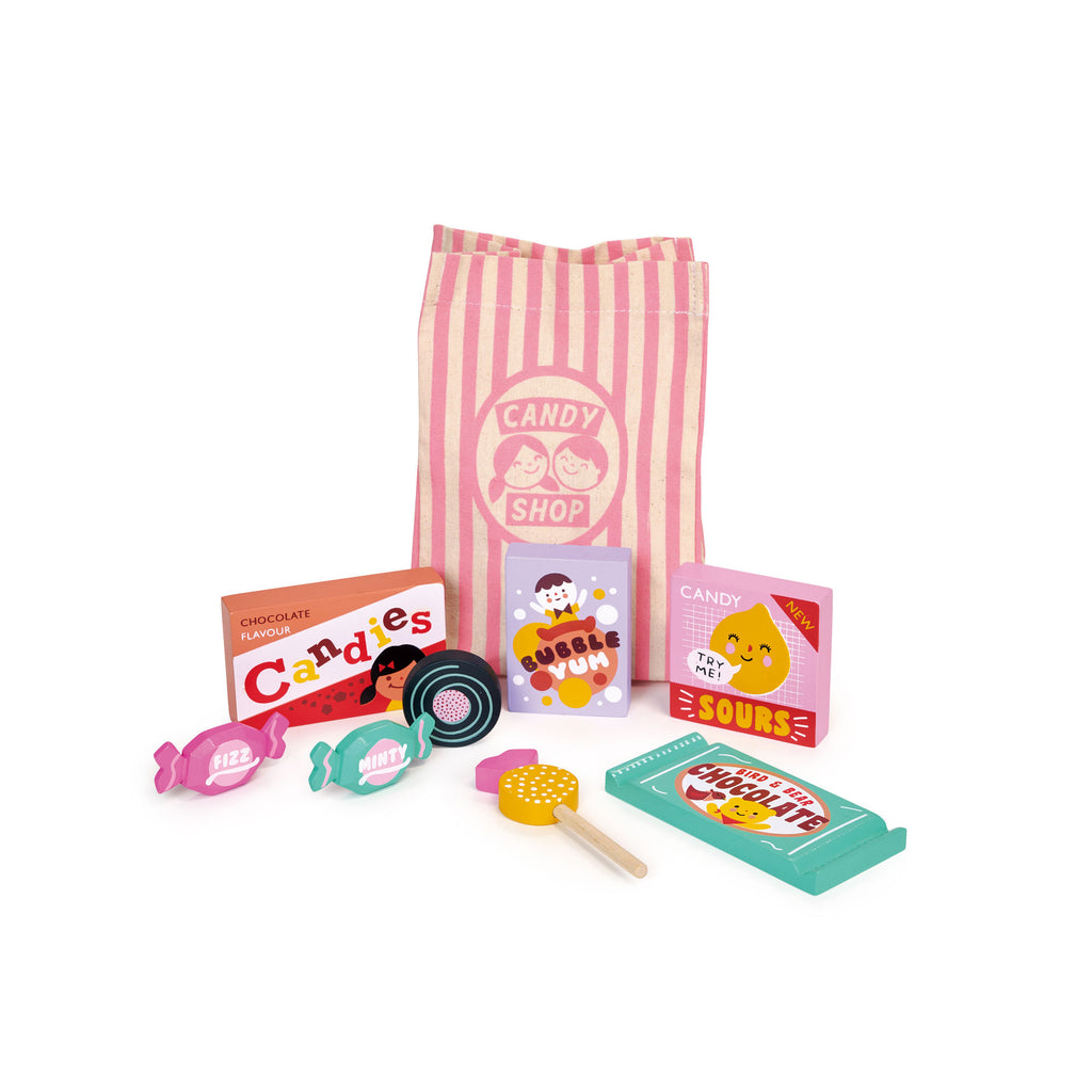 Candy Shop Bag Wooden Toy by Mentari, available at Bobby Rabbit. Free UK Delivery over £75