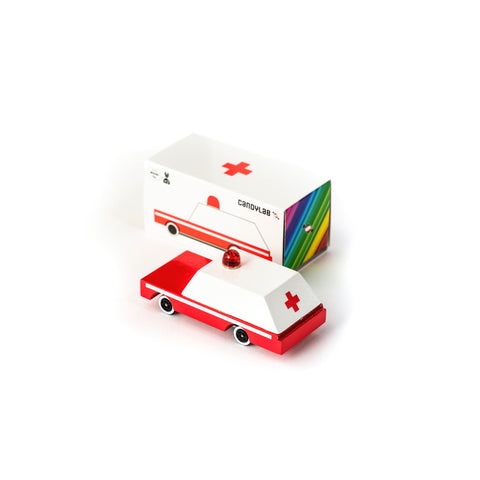 Candycar mini wooden ambulance by Candylab, available at Bobby Rabbit. Free UK Delivery over £75