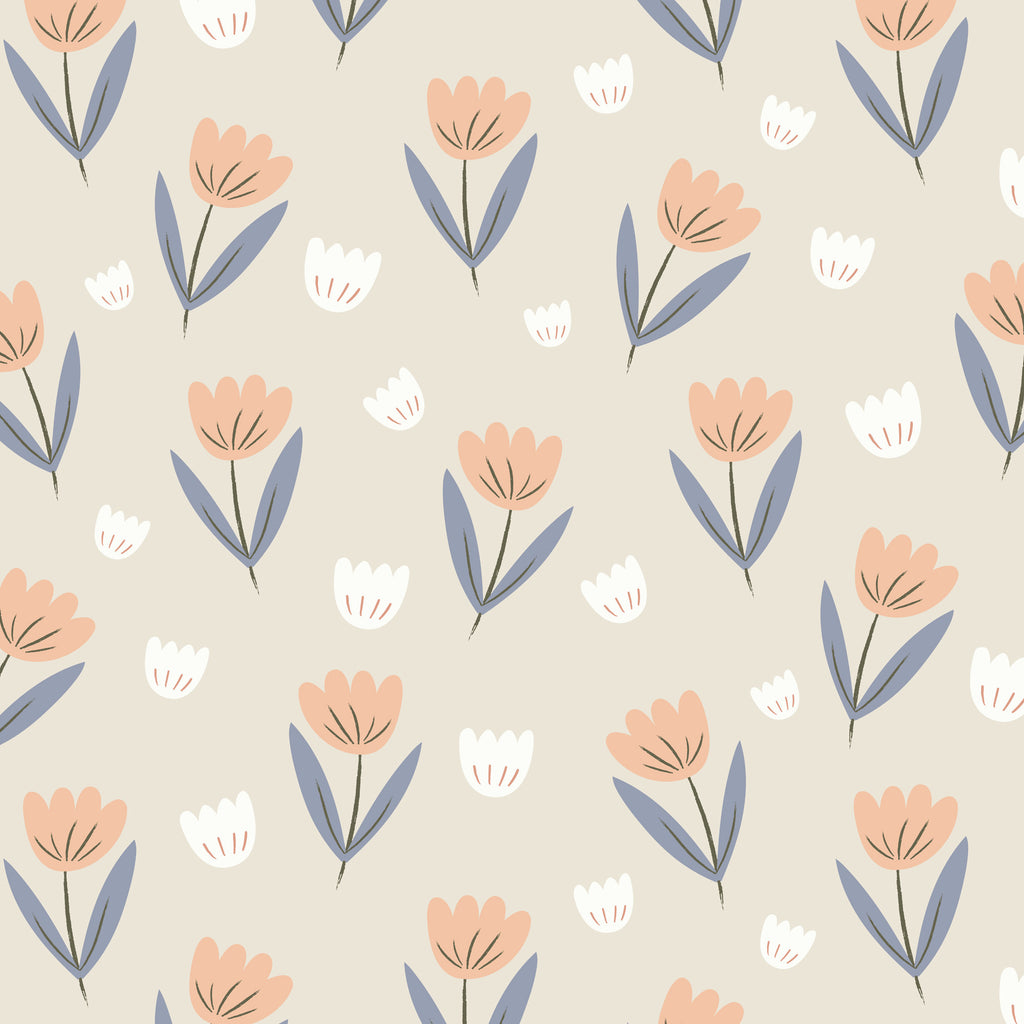 Fleur Wallpaper - Peach/Dusky Blue by Hibou Home, available at Bobby Rabbit. Free UK Delivery over £75