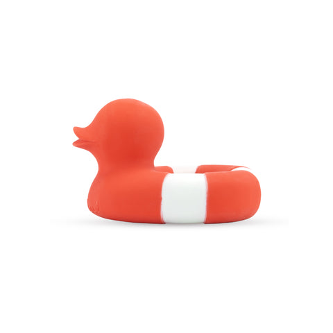Flo the Floatie Duck Red Teething Toy by Oli & Carol, available at Bobby Rabbit. Free UK Delivery over £75