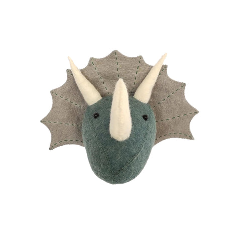 Mini Triceratops Head to hang on the wall, made by Fiona Walker England and available at Bobby Rabbit. Free UK Delivery over £75