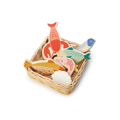 Seafood Basket Pretend Food Wooden Toy by Tender Leaf Toys, available at Bobby Rabbit. Free UK Delivery over £7