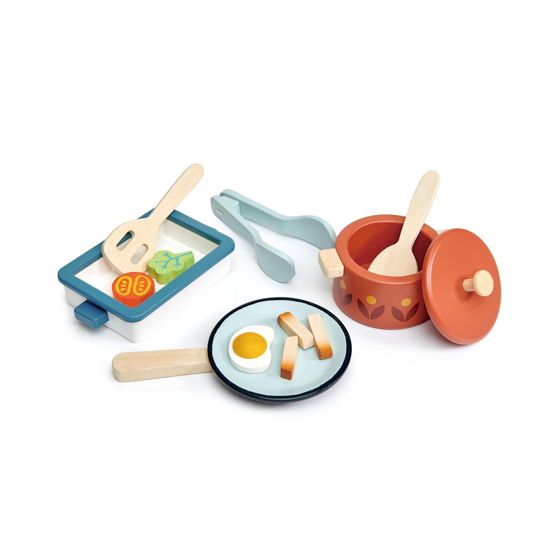 Wooden toy kitchen pots and pans top